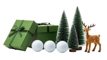 Christmas gifts golf balls trees and reindeer isolated on a transparent background green gifts wrapped presents
