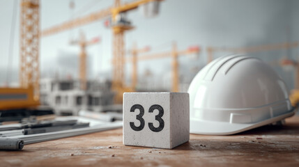 Happy New Year 2023 construction and industry concept. White helmet and numbered concrete cube on an engineer&rsquo;s or construction worker&rsquo;s desk, with cranes and buildings in the background.
