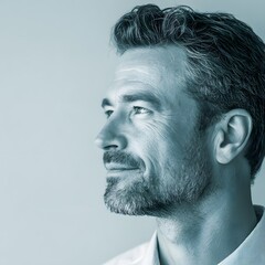 Thoughtful mature man portrait looking ahead in soft light