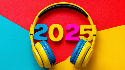 Happy New Year 2025. Year 2025 with headphones symbolizing creativity, inspiration, and idea planning, set against a colorful background.
