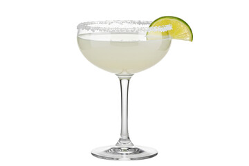 Classic Margarita cocktail with salt rim and lime garnish in a coupe glass