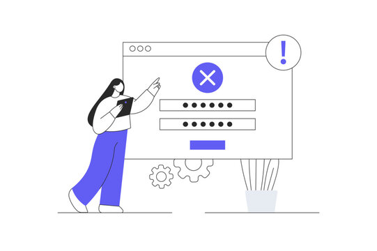 Woman Character forgot password and username. Account protection, danger warning, wrong password. Flat Cartoon Vector Illustration, icon Stylish abstract design landing page web
