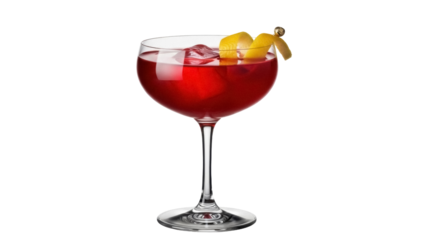 Red cocktail in coupe glass isolated PNG, elegant drink with lemon twist on transparent background for bar menu and party invitations