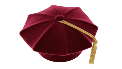 Burgundy velvet doctoral graduation cap PNG isolated on transparent background, academic regalia for commencement ceremonies