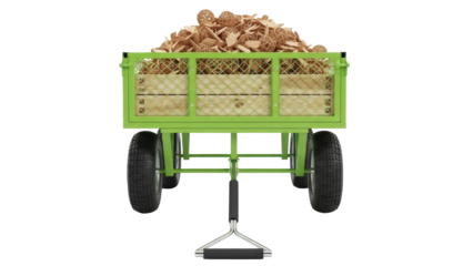 Green garden cart filled with wood chips and decorative balls isolated PNG, landscaping equipment for yard work and outdoor projects