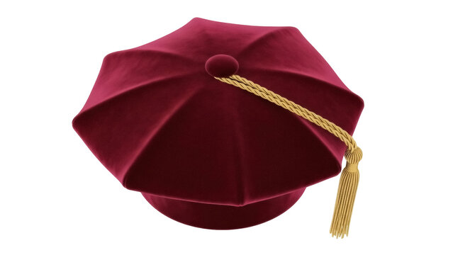 Burgundy velvet doctoral graduation cap PNG isolated on transparent background, academic regalia for commencement ceremonies