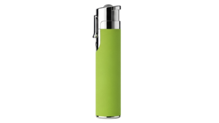 Green and silver lighter isolated PNG on transparent background, smoking accessory for tobacco and recreational use