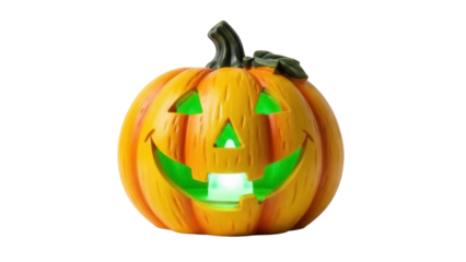 Glowing Halloween pumpkin isolated PNG, jack-o -lantern with green light for spooky holiday decoration and celebration