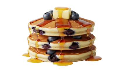 Stack of blueberry pancakes with butter and syrup isolated PNG, delicious breakfast food on transparent background for restaurant menu