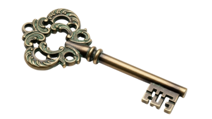 Ornate antique key PNG isolated on transparent background, vintage style golden key for design elements and security concepts