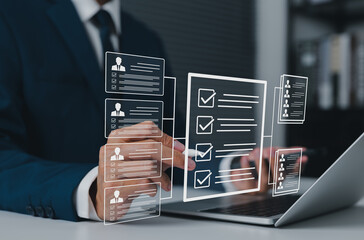 Recruitment process concept, HR manager analyzing digital candidate profiles and checklists on virtual interface, selecting qualified applicants for job positions using modern hiring technology.