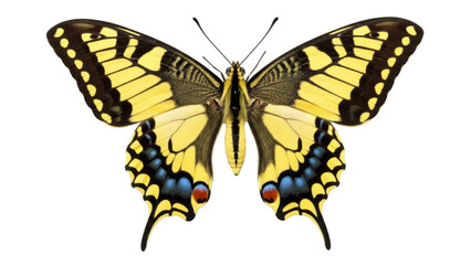 Eastern tiger swallowtail butterfly PNG isolated on transparent background, yellow and black insect with blue and red spots for design use