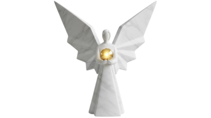 Elegant marble angel statue holding a golden orb isolated PNG, spiritual sculpture on transparent background for religious themes