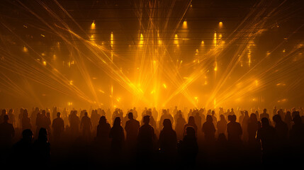 Happy New Year 2025 celebration with a yellow laser show party. Luxury entertainment featuring crowd silhouettes, marking the turn of the year with a premium nightlife event during the holiday season.