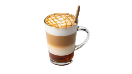 Delicious caramel latte macchiato in glass isolated PNG, layered coffee drink with milk foam and caramel drizzle on transparent background