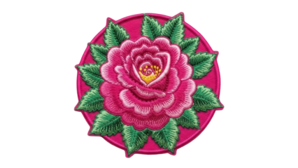 Pink rose embroidery patch isolated PNG on transparent background, floral design element for fashion and decorative arts