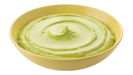 Creamy avocado dip in yellow bowl isolated PNG, smooth green sauce for healthy eating and vegan snacks on transparent background