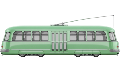Vintage green tram PNG isolated on transparent background, retro streetcar public transport vehicle for design and transportation projects