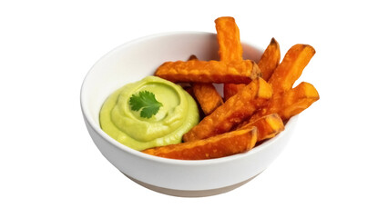 Sweet potato fries with avocado dip isolated PNG, healthy snack with orange chips and green sauce on transparent background