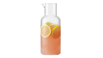 Glass carafe with pink lemonade and lemon slices isolated PNG, refreshing summer drink for party or healthy lifestyle