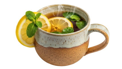Refreshing herbal tea with lemon and mint in a rustic mug isolated PNG, healthy beverage for wellness and relaxation