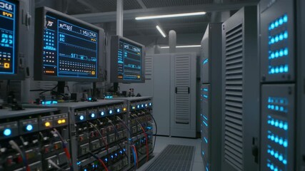 Futuristic microgrid control system in a server room with glowing monitors - Powered by Adobe