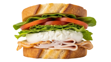 Delicious turkey sandwich with lettuce and tomato isolated PNG, healthy lunch option on transparent background for food-related designs