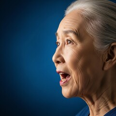 An elderly Asian woman is looking away from the camera with her mouth open in shock.