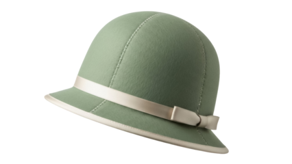 Elegant sage green cloche hat with ribbon isolated PNG, vintage style headwear for fashion design and historical costume projects