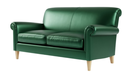Elegant emerald green leather loveseat PNG isolated on transparent background, classic two-seater sofa for living room and interior design