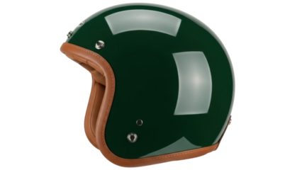 Retro green motorcycle helmet isolated PNG, vintage open face helmet with brown leather trim for biker safety and classic style