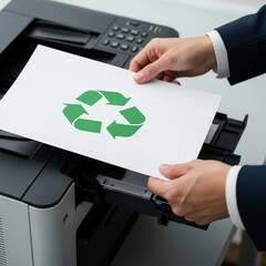 Person printing a document with the recycle symbol on it, promoting eco-friendly habits.