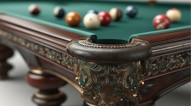 A beautifully crafted pool table showcasing intricate woodwork and vibrant billiard balls, set against a rich green felt surface.
