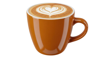 Latte art in a brown ceramic mug isolated PNG, heart design coffee drink on transparent background, cappuccino beverage for cafe menu and food photography