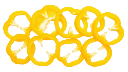 Sliced yellow bell pepper rings isolated PNG, fresh vegetable cutouts on transparent background for cooking and healthy eating concepts