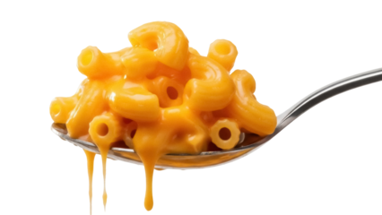 Delicious macaroni and cheese on a spoon isolated PNG, comfort food for kids and adults on transparent background