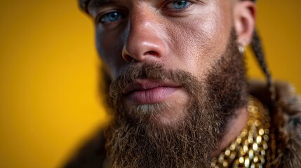 A striking close-up portrait of a bearded man, emphasizing his deep blue eyes and textured skin, set against a vibrant yellow background that evokes confidence and strength.