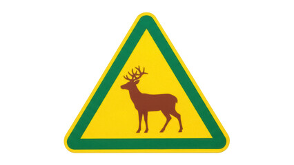 Yellow triangular road sign with deer isolated PNG, warning of wild animals crossing the road, traffic safety and caution symbol