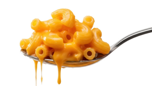 Delicious macaroni and cheese on a spoon isolated PNG, comfort food for kids and adults on transparent background