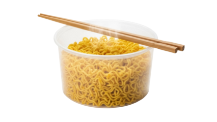 Delicious yellow instant noodles in a plastic bowl isolated on transparent background PNG, quick meal for college students and busy professionals