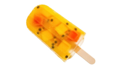 Refreshing yellow fruit popsicle PNG isolated on transparent background, summer treat with mango and passion fruit for dessert and healthy snack