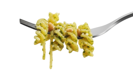 Delicious fusilli pasta with pesto sauce on a fork isolated PNG, Italian cuisine dish with green sauce and pine nuts on transparent background