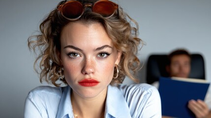 A young woman with a contemplative expression, adorned with red lipstick and sunglasses, embodies modern femininity, confidence, and introspection in a stylish indoor setting.