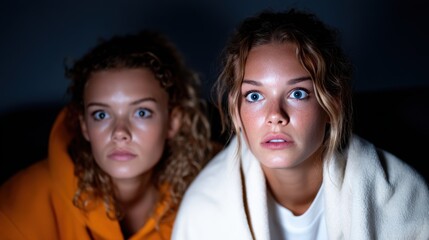 Two friends with wide eyes wrapped in blankets watch a horror movie, capturing the thrill of shared experiences and the emotions of suspense and surprise during movie night.