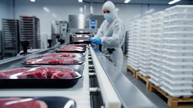 Worker in protective gear processes meat on conveyor belt in a clean facility, showcasing production flow with camera zooming in on details