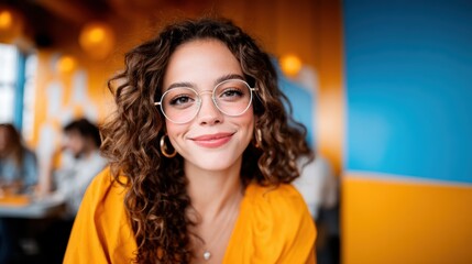 A cheerful young woman in a bright yellow outfit smiles warmly with curly hair and glasses while enjoying her time in a lively cafe setting filled with natural light.