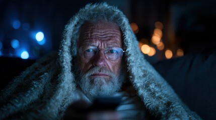 An elderly man wrapped in a cozy blanket gazes intently at the television, illuminated by warm, festive lights, embodying deep focus and reflection in a homely atmosphere.