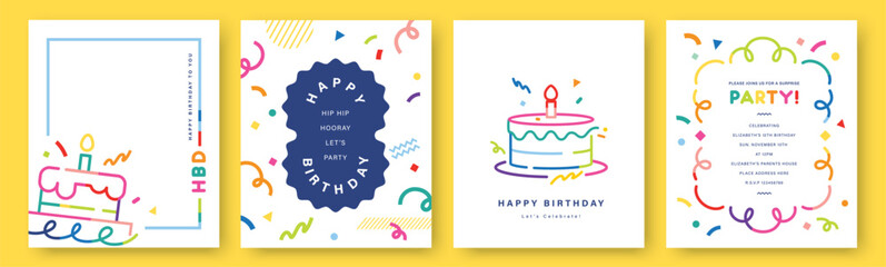 Set of Happy Birthday greeting card, invitation card, poster, cover, vector illustration with colorful birthday cake, confetti in minimalist lines.   © LittleWhale