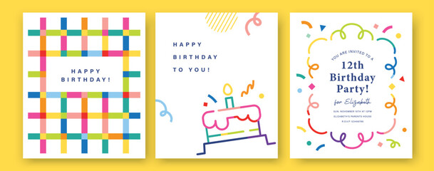 Happy Birthday banner, greeting card, invitation card, poster, cover, vector illustration with birthday cake, confetti, typography and abstract elements.   © LittleWhale