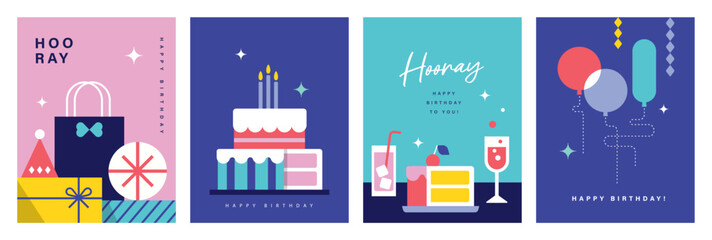 Happy Birthday banner, greeting card, invitation card, poster, cover, vector illustration with birthday cakes, drinks, presents, party hat, balloons and decorations in modern geometric style.   © LittleWhale